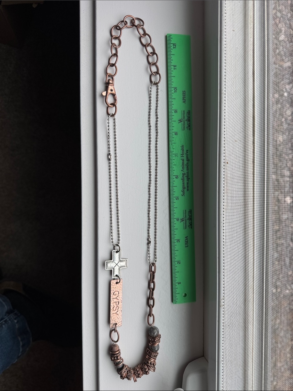 Mixed Metal Cross & Bead Necklace in Copper and Silver Colors